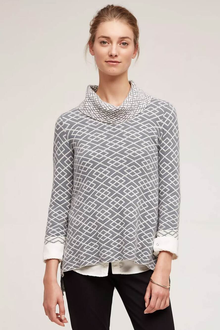 Anthropologie Moth Cowled Jacquard Alpaca Wool Blend Tunic Pullover Sweater